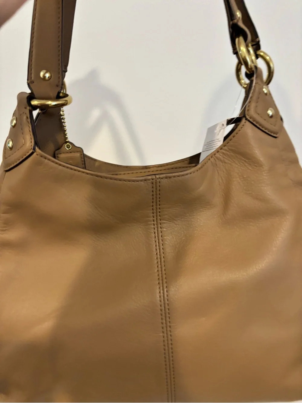 Coach Tan Leather Shoulder Bag with Front Buckle Pocket